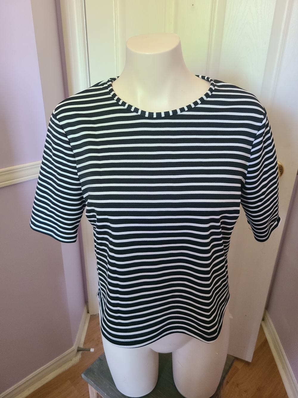 Black & White Striped Short Sleeve Women's Top